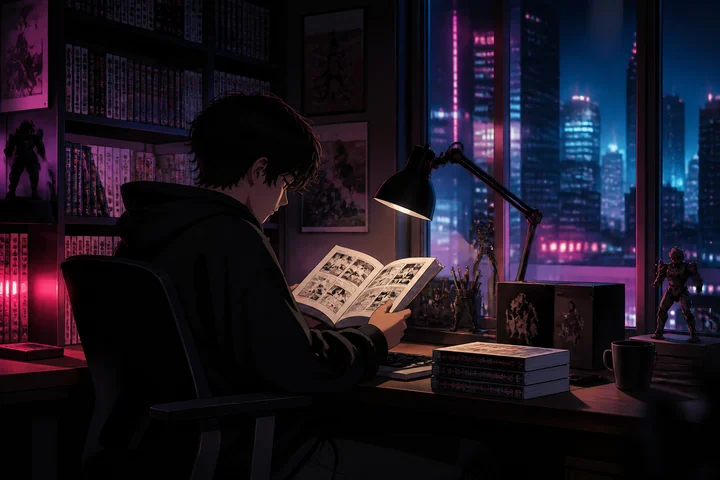 Lectura de manga en un escritorio iluminado