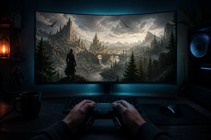 Manos jugando ante una pantalla con un mundo fantástico