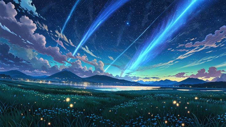 rutas luminosas Un paisaje con estrellas fugaces en representación de las rutas de fate stay night